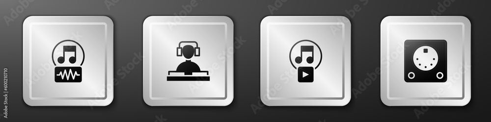 Set Music note, tone, DJ playing music, Play square and Drum machine icon. Silver square button. Vector Set Music note, tone, DJ playing music, Play square and Drum machine icon. Silver square button. Vector