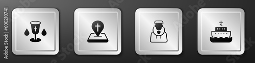 Set Christian chalice, Location church building, Monk and Ark of noah icon. Silver square button. Vector