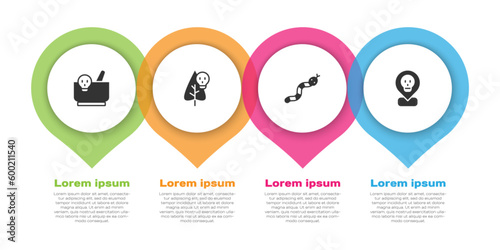 Set Mortar and pestle, Poison flower, Snake and Radioactive in location. Business infographic template. Vector
