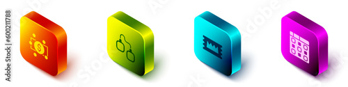 Set Isometric Stacks paper money cash, Handcuffs, Concert ticket and Drum machine music icon. Vector