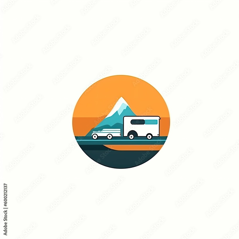 Road trip emblem with RV recreational vehicle