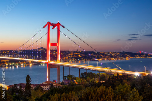 Istanbul panoramic sunset 15th July Martyrs Bridge (15 Temmuz Sehitler Koprusu). Istanbul Bosphorus Bridge. Holiday destination Turkey, finance center buildings, skyscrapers, banks, business towers. 
