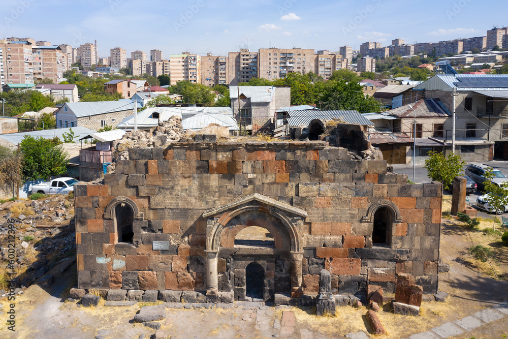 Aerial view of Avan Cathedral (VI century) - the oldest surviving church inside Yerevan's city limits. Yerevan, Armenia.