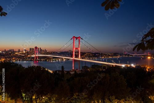 Istanbul Bosphorus Bridge at night. 15th July Martyrs Bridge (15 Temmuz Sehitler Koprusu) Istanbul Turkey Most famous and best touristic destination Nation Park in Nakkastepe Romantic night landscape