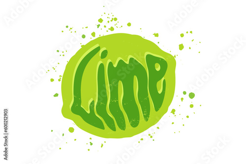 Vector illustration of lime with text in groovy style. Vector juicy lime in grunge style.