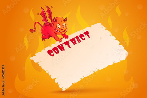 Vector illustration of a cute devil with contract. Devil contract is on old paper.