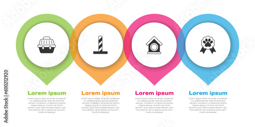 Set Pet carry case, Cat scratching post with toy, Dog house and award symbol. Business infographic template. Vector