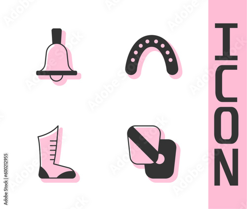 Set Boxing training paws, bell, Sport boxing shoes and Mouth guard boxer icon. Vector