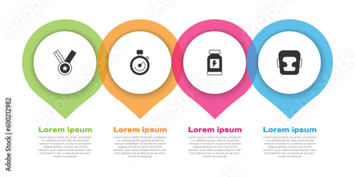 Set Medal, Stopwatch, Energy drink and Boxing helmet. Business infographic template. Vector