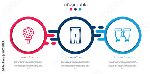 Set line Golf ball on tee, pants and Binoculars. Business infographic template. Vector