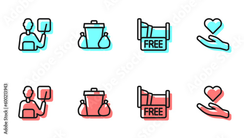 Set line Free overnight stay house, Teacher, Trash can and Heart in hand icon. Vector