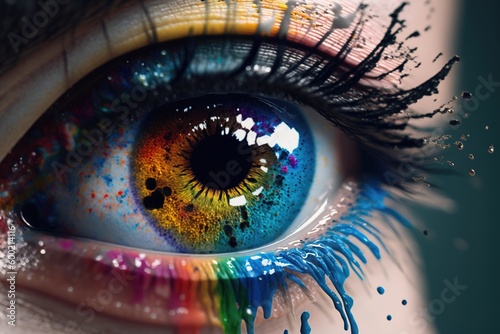 zoom in of an ink colored eye, colorful beautiful human eye, closeup of a colored eye, generative AI