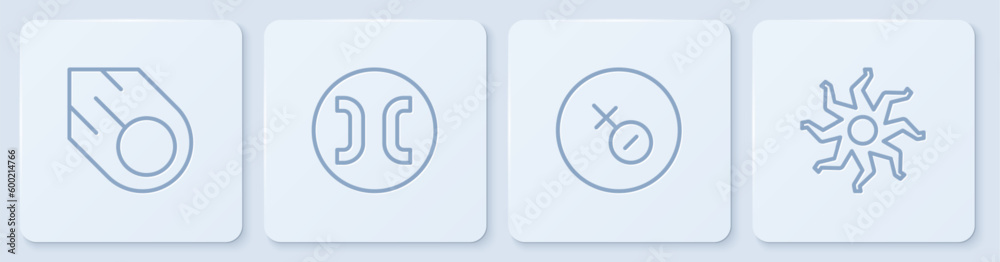 Set line Comet, Venus symbol, Pisces zodiac and Sun. White square button. Vector Set line Comet, Venus symbol, Pisces zodiac and Sun. White square button. Vector