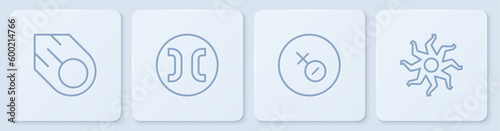 Set line Comet, Venus symbol, Pisces zodiac and Sun. White square button. Vector