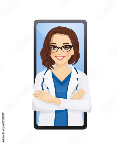 Beautiful doctor or nurse in the blank phone screen isolated vector illustration. Medical consultation and support. 