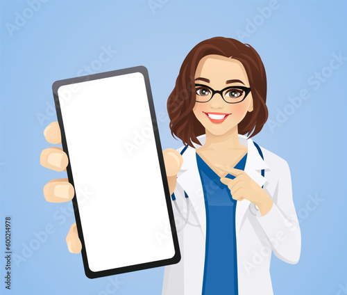 Beautiful doctor or nurse pointing to the blank phone screen vector illustration 