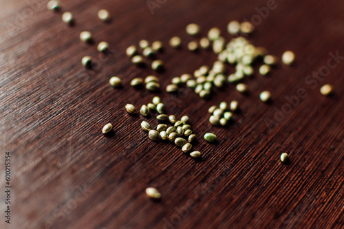 cannabis seeds on wooden background. High quality photo