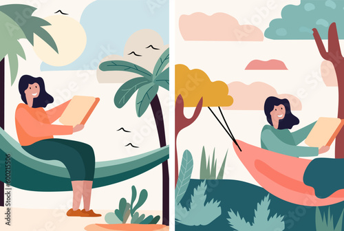 People reclining in coastal hammocks, savoring sunny and read books and alfresco . Delighting in downtime or maintaining efficiency while nestled in snug suspended seats. Vector.