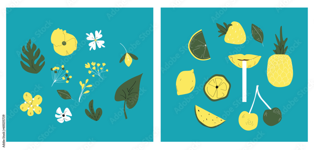 A set of cute summer elements: flowers, leaves, fruits. Suitable for a summer poster, postcard, set of stickers. Hand drawn vector.

