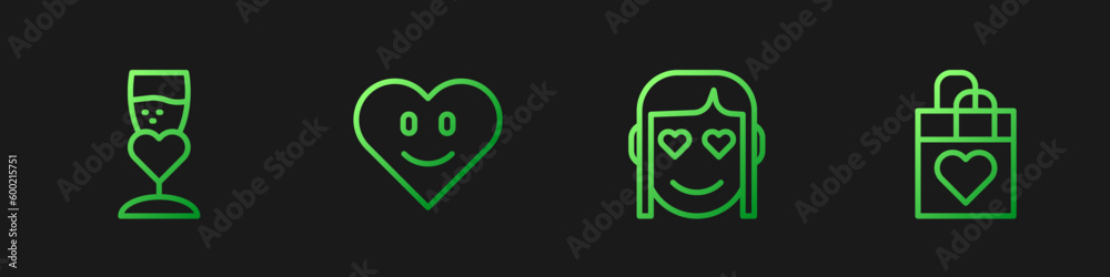 Set line Romantic girl, Glass of champagne, Heart and Shopping bag with heart. Gradient color icons. Vector Set line Romantic girl, Glass of champagne, Heart and Shopping bag with heart. Gradient color icons. Vector
