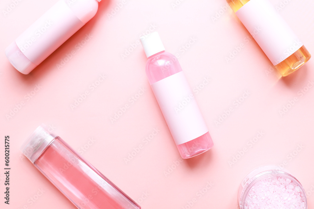 Flat lay spa on a pink background. Cosmetics mockup on pink background Flat lay spa on a pink background. Cosmetics mockup on pink background