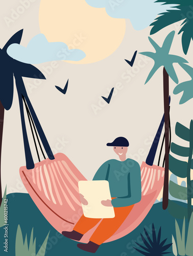 People reclining in coastal hammocks, savoring sunny and read books and alfresco . Delighting in downtime or maintaining efficiency while nestled in snug suspended seats. Vector.