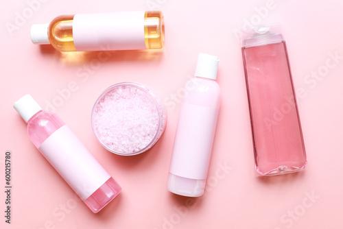 Flat lay spa on a pink background. Mocap Cosmetics on a pink background. pink cosmetics