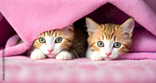 Adorables chatons se cachant dans une couverture rose,IA générative. photo