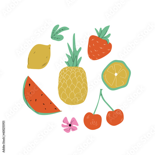 A set of fruits on a white background. Strawberry, pineapple, watermelon, orange, lemon, cherries. Vector.