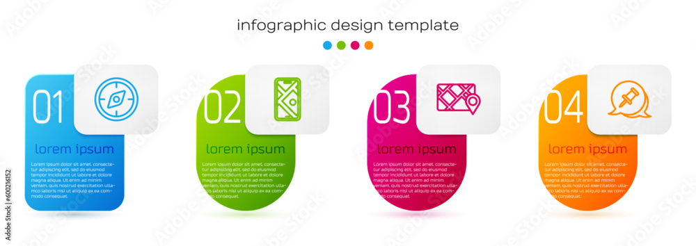 Set line Compass, City map navigation, Gps device with and Push pin. Business infographic template. Vector