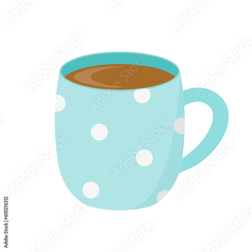 Beautiful light blue mug of coffee with peas patterns on a white background. Vector illustration in flat style.