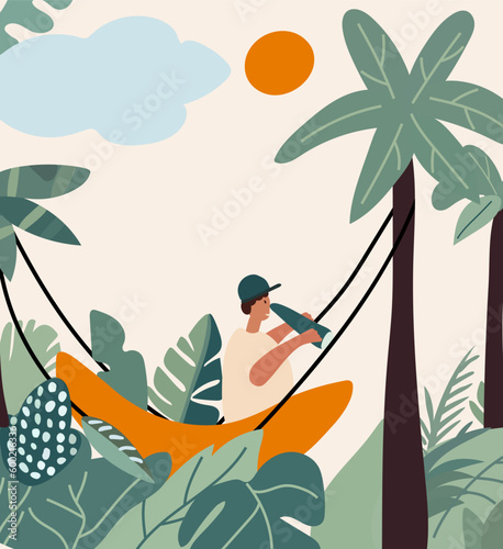 Young man lounging in beach hammocks, enjoying summer retreats and look through binoculars. Relishing leisure moments or staying productive in comfortable hanging swings. Vector. 