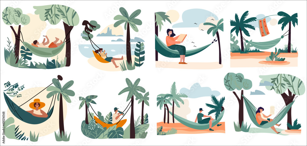 Obraz premium Individuals lounging in beach hammocks,enjoying summer retreats and outdoor gatherings.Relishing leisure moments or staying productive in comfortable hanging swings,embraced by the picturesque nature.