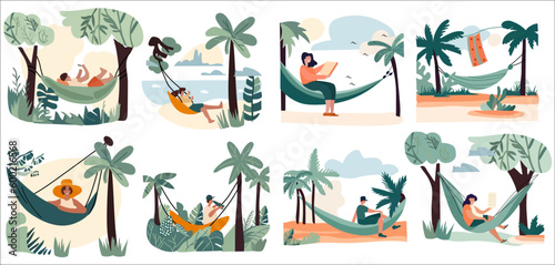 Individuals lounging in beach hammocks,enjoying summer retreats and outdoor gatherings.Relishing leisure moments or staying productive in comfortable hanging swings,embraced by the picturesque nature.