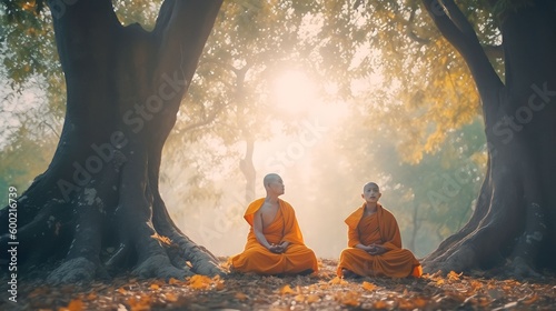 Light falls on Two monks meditating in lotus position under a green tree, Generative AI