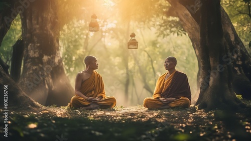 Light falls on Two monks meditating in lotus position under a green tree  Generative AI