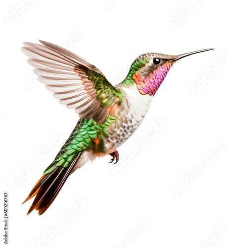 colorful hummingbird with pink and green feathers in flight  isolated over a transparent background  cut-out exotic   tropical animal nature design element  generative AI