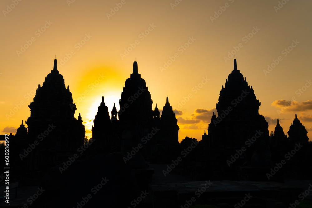Sunset over the Ancient temple ruins of Sewu (candi sewu), an eighth century Mahayana Buddhist temple complex, north of Prambanan, Central Java, Indonesia.