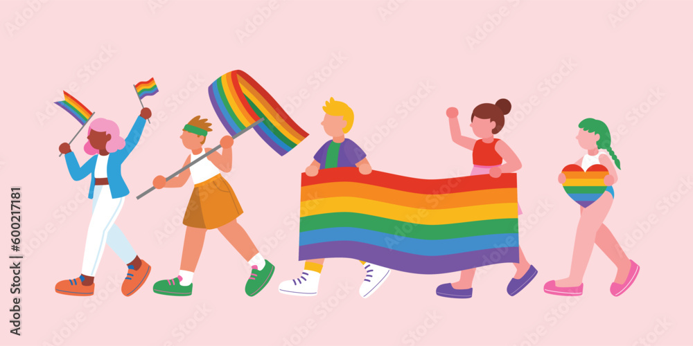 LGBTQ+  Community Parade With Rainbow Flag, Pride Month Celebration, Vector Illustration