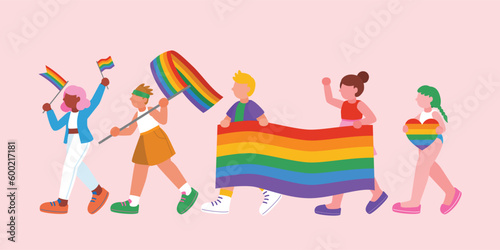 LGBTQ+ Community Parade With Rainbow Flag, Pride Month Celebration, Vector Illustration