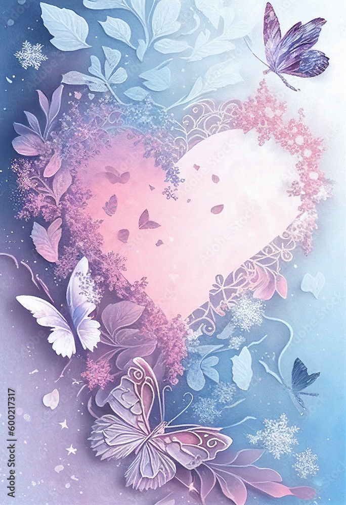 Painted spring background in pastel blue-pink flowers with butterflies and hearts. AI Generated Painted spring background in pastel blue-pink flowers with butterflies and hearts. AI Generated