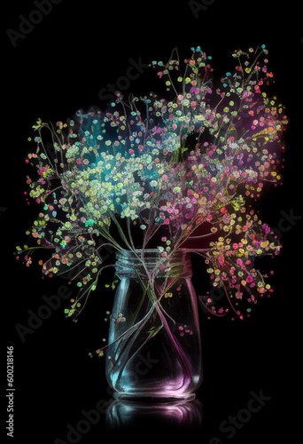 A bouquet of airy multi-colored gypsophila in a glass vase on a dark background. AI Generated