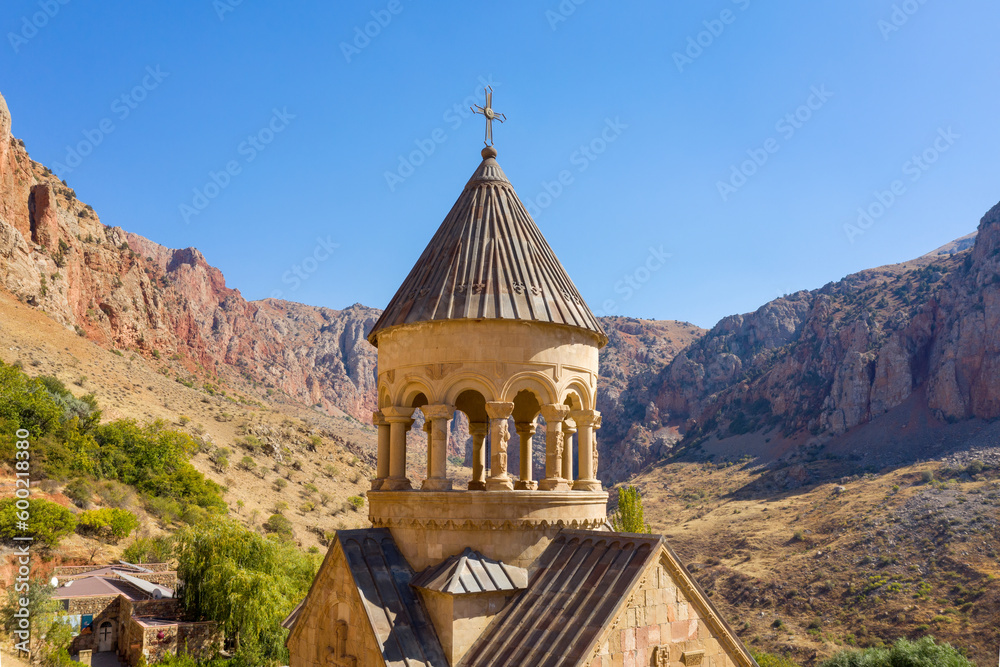View of the dome of Surb Astvatsatsin (Burtelashen) Church on sunny day. Naravank Monastery, Vayots Dzor Province, Armenia..