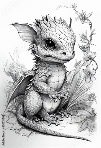 Little dragon drawn with a simple pencil on paper. AI Generated