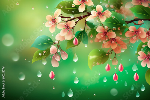 - decorative spring picture with flowers and raindrops, generative ai