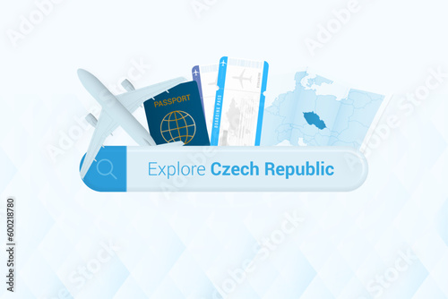 Searching tickets to Czech Republic or travel destination in Czech Republic. Searching bar with airplane, passport, boarding pass, tickets and map.