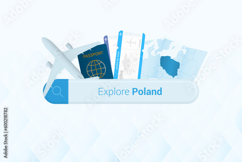 Searching tickets to Poland or travel destination in Poland. Searching bar with airplane, passport, boarding pass, tickets and map.