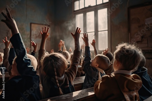 School classroom with kids raising their hands, generative ai © FrankBoston
