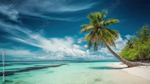 Tropical beach with palm tree white sand and turquoise water  generative  ai
