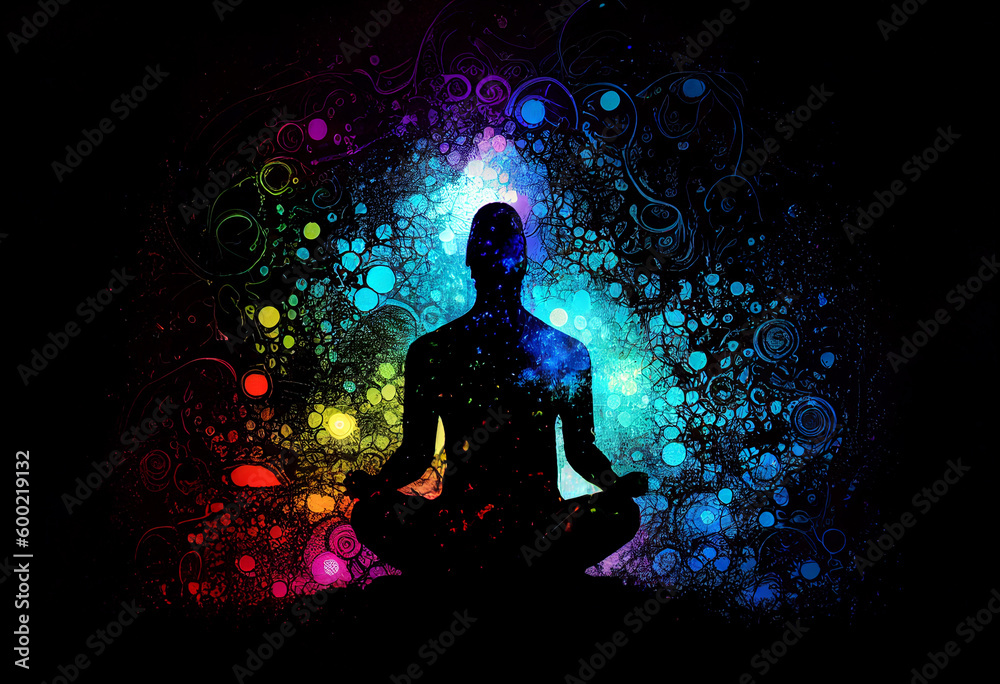Front view silhouette of a man meditating and all chakras are displayed brightly. AI Generated Front view silhouette of a man meditating and all chakras are displayed brightly. AI Generated
